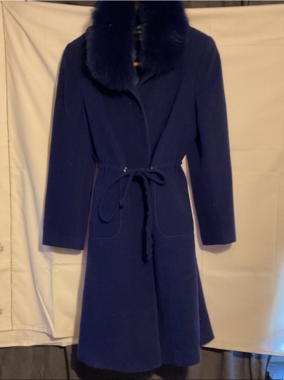 Women's Navy Blue Wool Coat with Faux Fur Collar